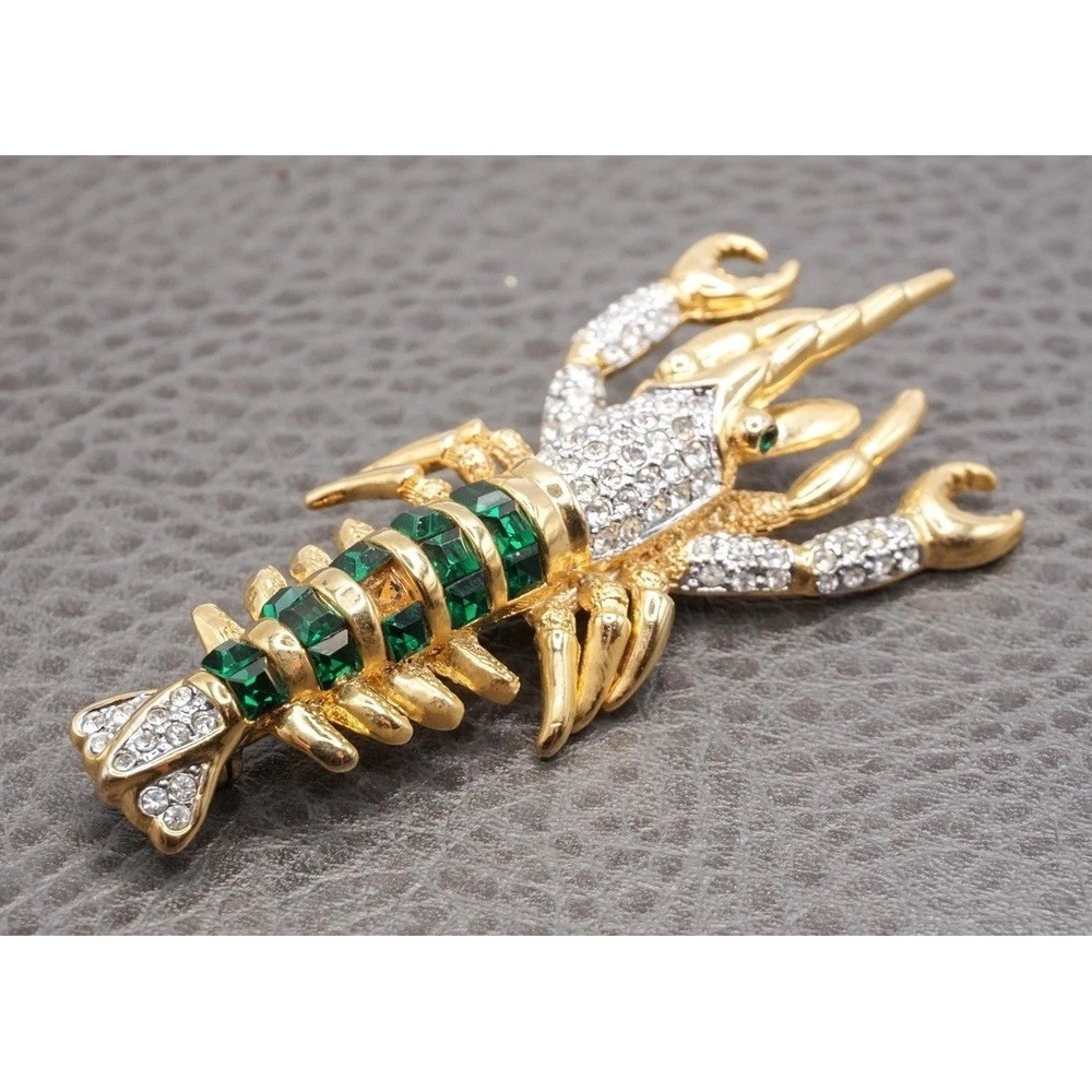 Vintage Lobster Crab Brooch Pin Crystal Rhinestone Green Enamel Gold Tone READ